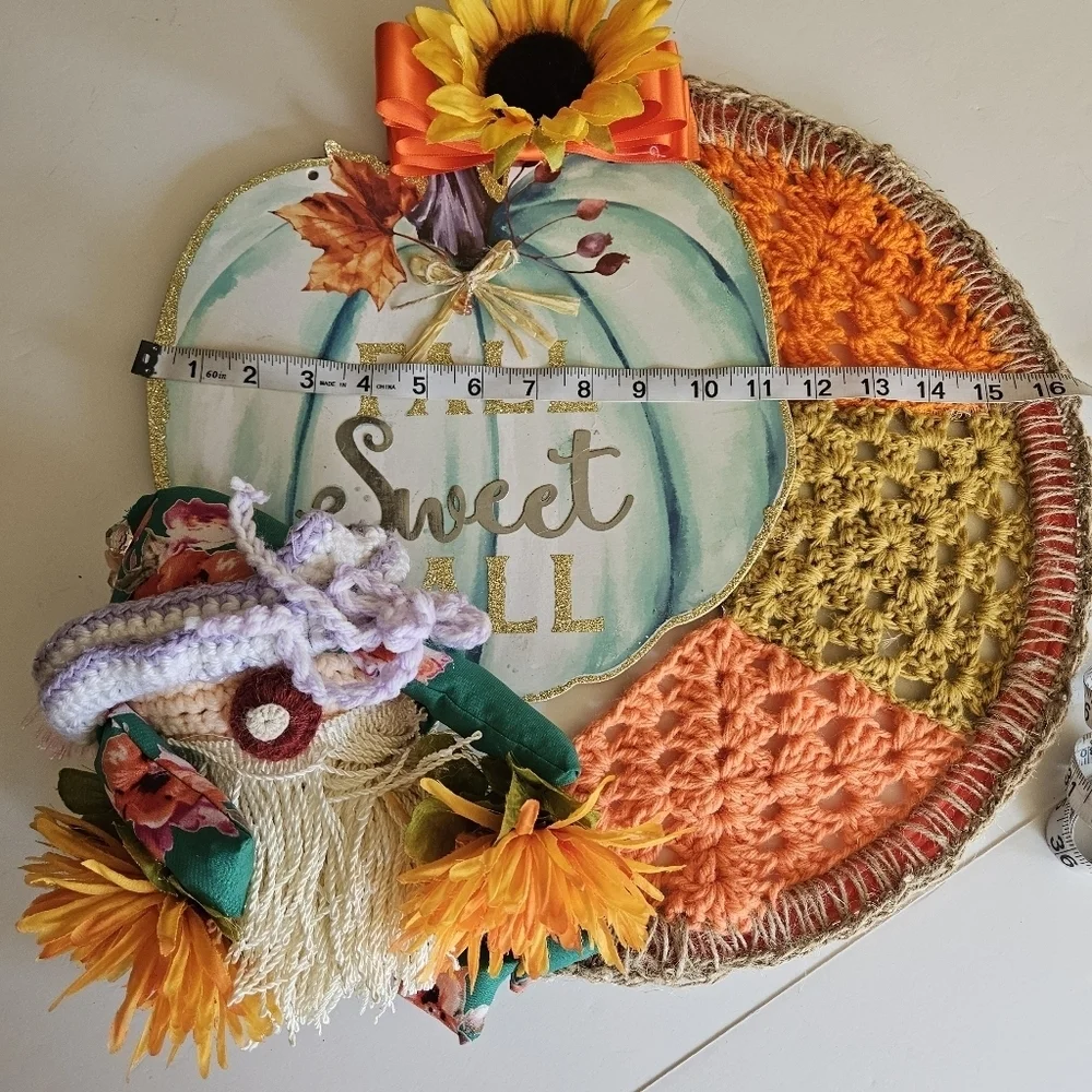 Handcrafted holiday wreath fall crochet pumpkin wall decor floral gnome collage
